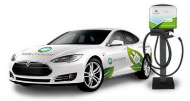 One of Sun Country Highway Electric Vehicle Charging Stations beside their Tesla Model S