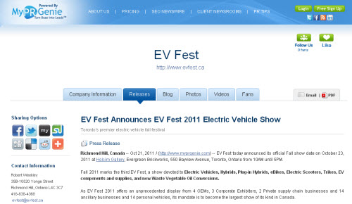 Press Release for EV Fest Electric Vehicle Show - EV Fest 2011 posted on My PR Genie Oct. 21, 2011