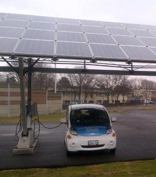 All Electric Mitsubishi iMiEV Charging at BAKA's Solar Carport