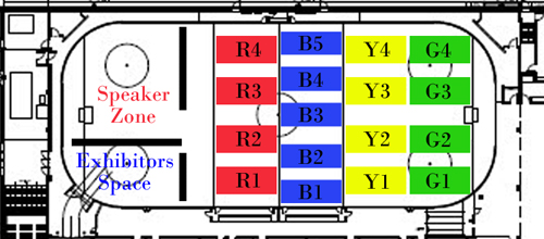 General Floor Plan for EV Fest 2015: divided into 4 Zones Plus Speakers, and a Space for Exhibitor Support.