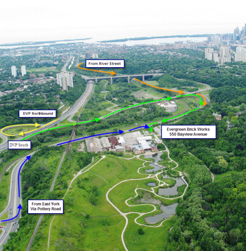 Aerial Image of Evergreen Brick Works, home of EV Fest Electric Vehicle Show, showing Don Valley Parkway, Bayview Avenue